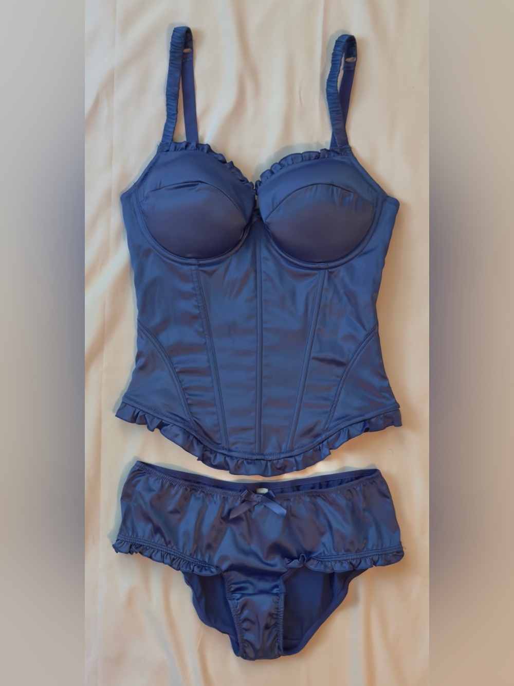 RARE Affinitas Intimates Satin Ruffle Corset Bustier & Panty Lingerie Set-NWOT